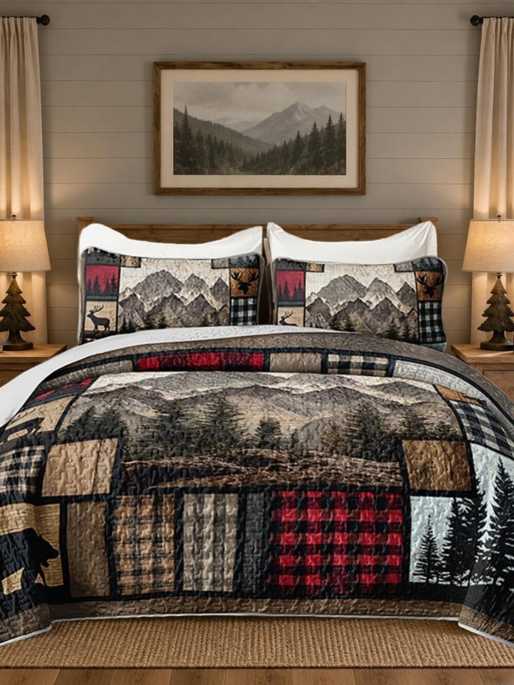 Forest Hunting Plaid Patchwork Quilt Queen Size with 2 Pillowcases.